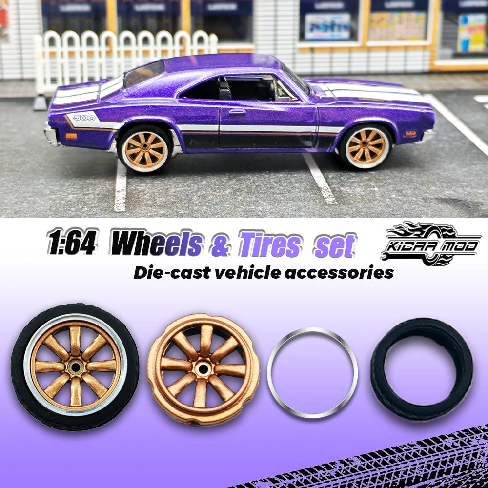 Kicarmod 1/64 Model Car ABS Wheels with Rubber Tire Rivet Axle Metal Rims Diameter 11mm Refitting Parts For Model Car Hot Wheels