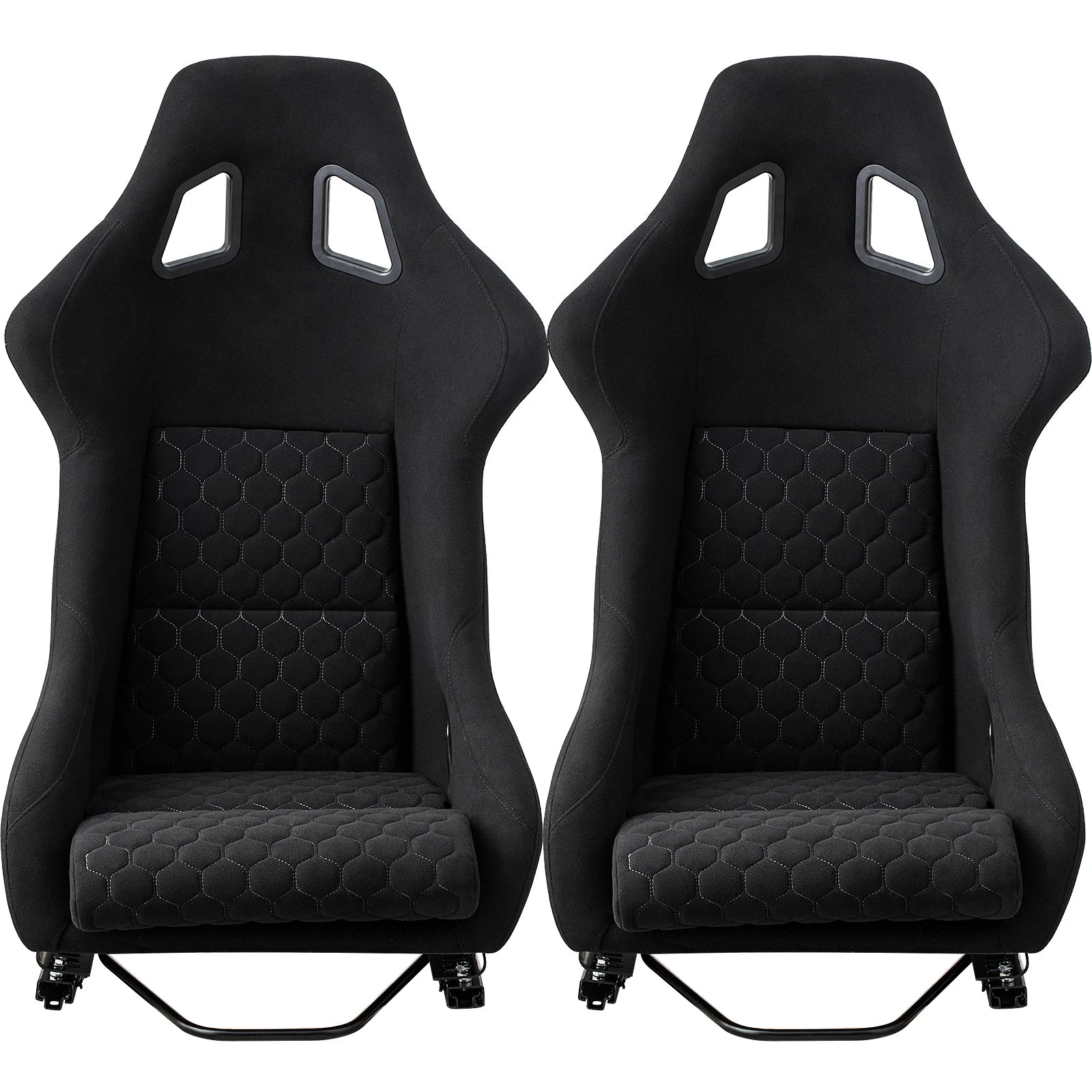 Size L Piece of Universal Fiber Glass Racing Bucket Seat, Black Fabric White Diamond Stitch w/Dual Lock slider And L Shape Brack