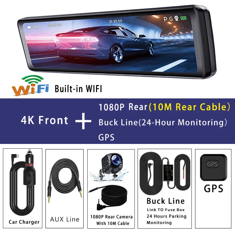 Dash Cam 11.26" 4K 2160P GPS WIFI Car Dvr Mirror Dual Lens Dashcam IPS Screen Car Camera Drive Recorder Stream RearView Mirror