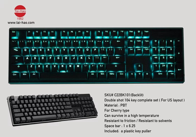 Tai-Hao Double Shot PBT Backlit Keycaps 108-Keys Set For Cherry MX Switch - Black