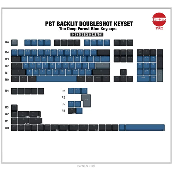 Tai-Hao PBT Backlit 132 Keys + UK ISO 8 KEYS - The Deep Forest Blue