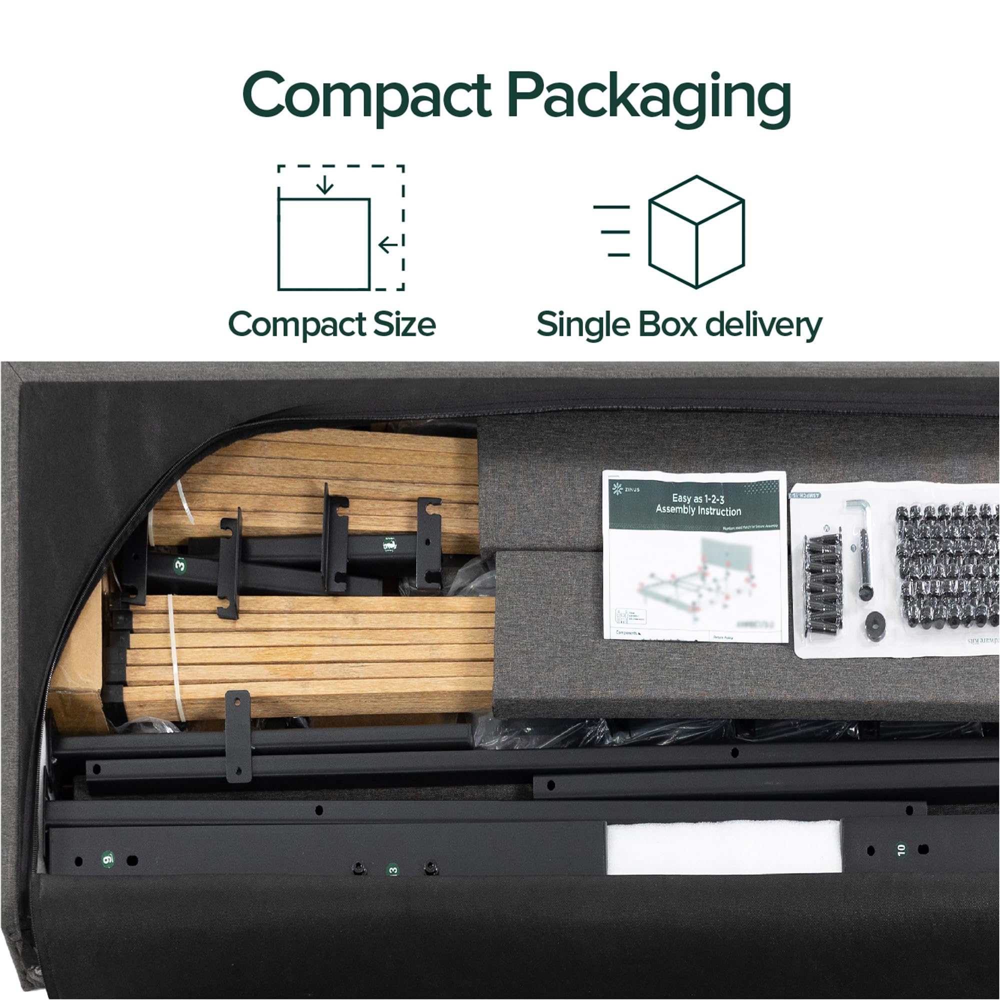 Zinus Evelyn Double Bed frame - Bed 135x190 cm - 25cm Height - Upholstered Bed frame with Wide Wingback Headboard - Dark Grey