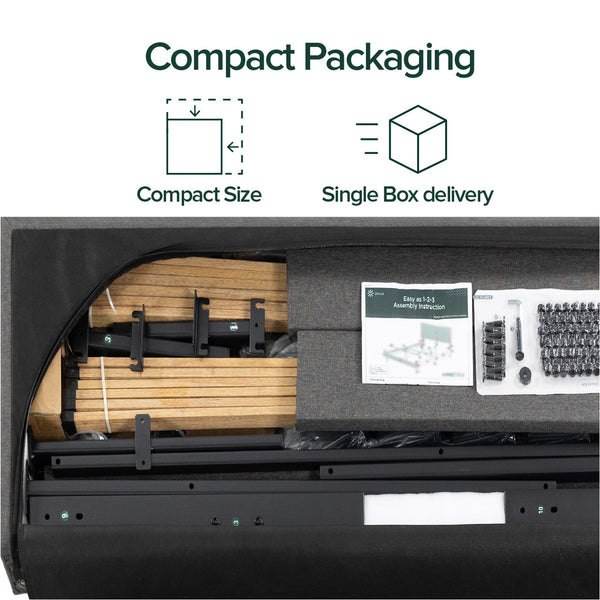 Zinus Evelyn Double Bed frame - Bed 135x190 cm - 25cm Height - Upholstered Bed frame with Wide Wingback Headboard - Dark Grey