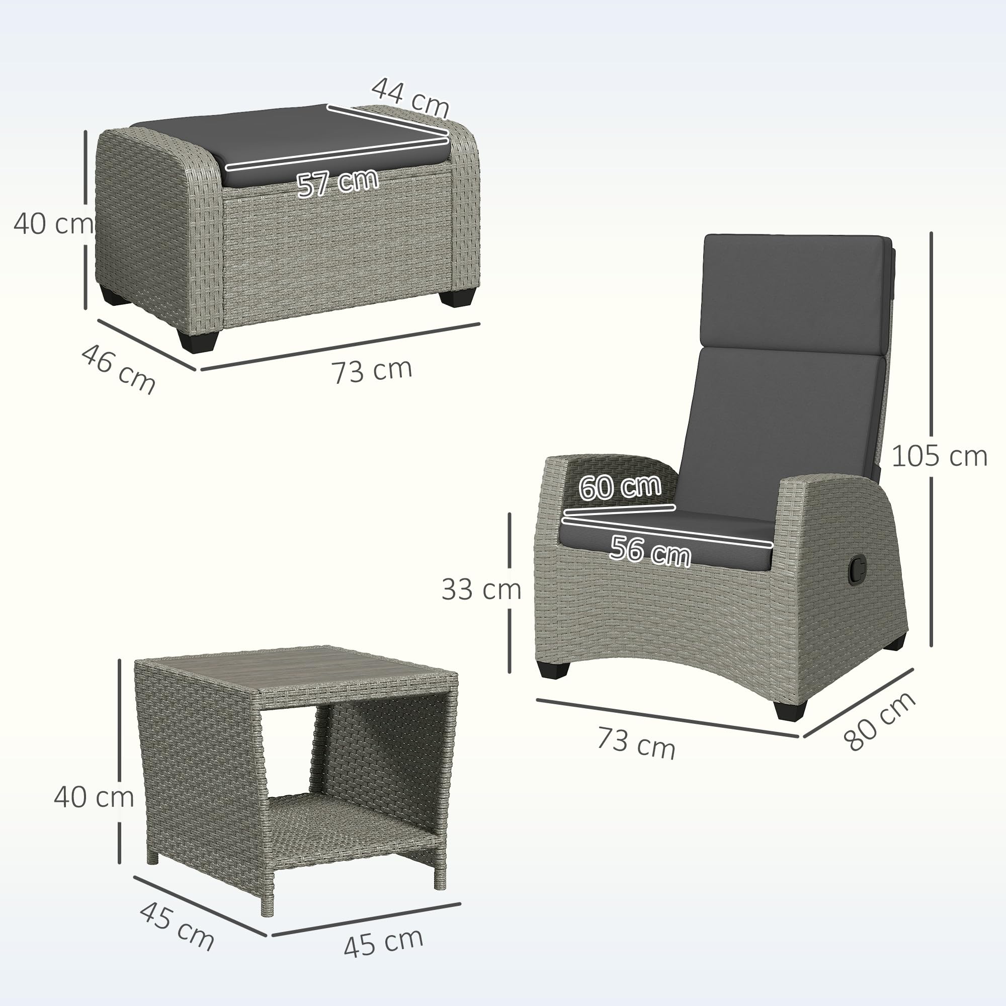 Outsunny 5 Piece Rattan Garden Furniture Set, Garden Reclining Rattan Chairs Set of 2 with Wood-Plastic Composite Table, Footstools and Thick Cushions for Balcony, Patio, Charcoal Grey