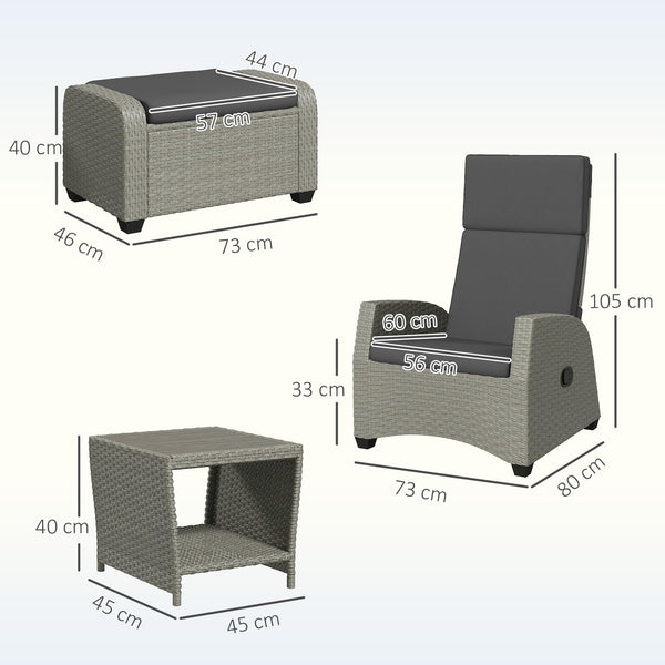 Outsunny 5 Piece Rattan Garden Furniture Set, Garden Reclining Rattan Chairs Set of 2 with Wood-Plastic Composite Table, Footstools and Thick Cushions for Balcony, Patio, Charcoal Grey
