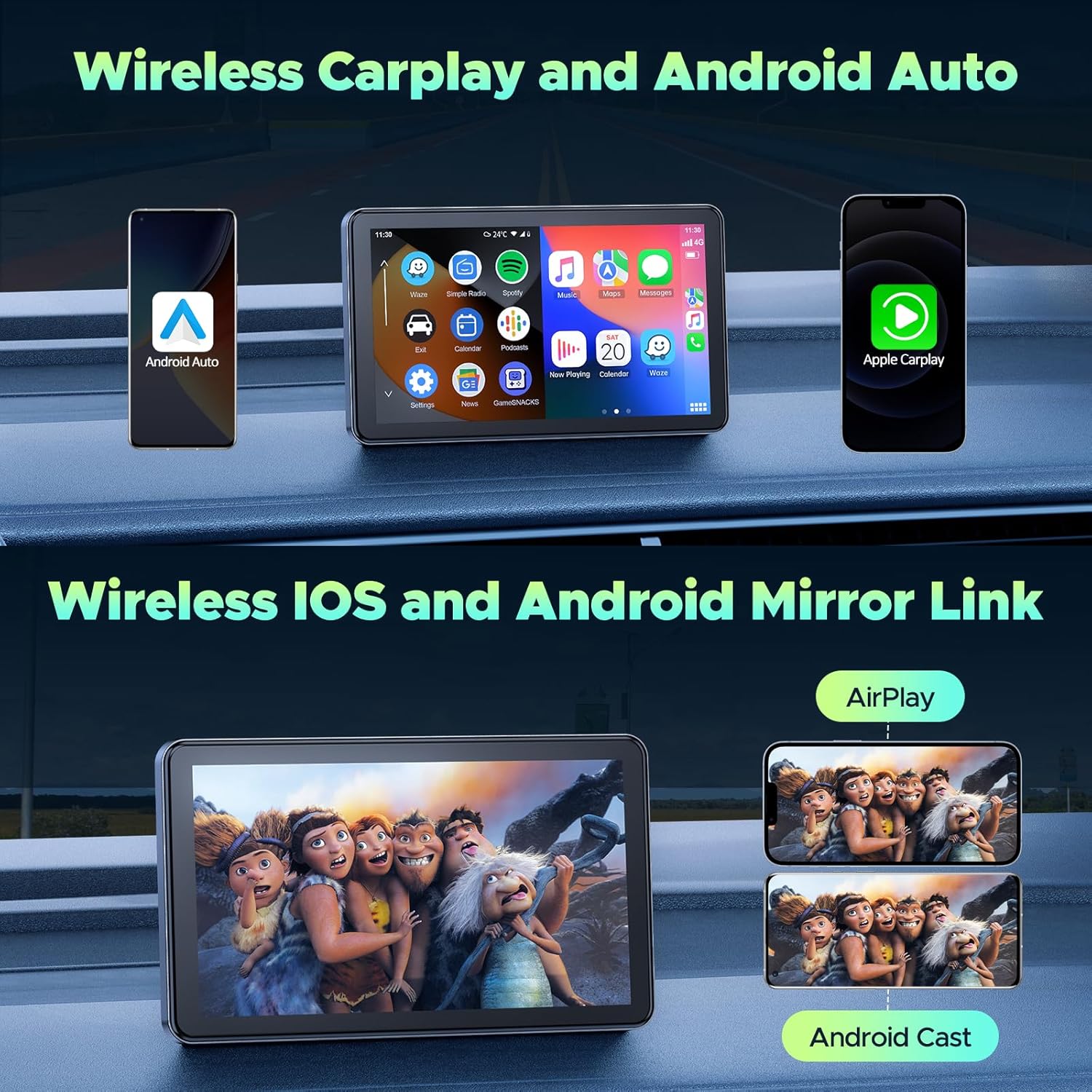 LAMTTO 7 inch Carplay Screen for Apple Carplay Android Auto Wireless, Mirror Link, Live Navigation, Siri G00gle Voice Assistant, Touchscreen, Bluetooth 5.0, AUX, FM