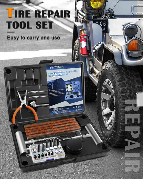 MAIKEHIGH Heavy Duty Tyre Puncture Repair Kit, 69Pcs Tubeless Car Tyre Plug Set for Auto, ATV, Truck, Tractor, Motorcycle, Off-Road (Blue)