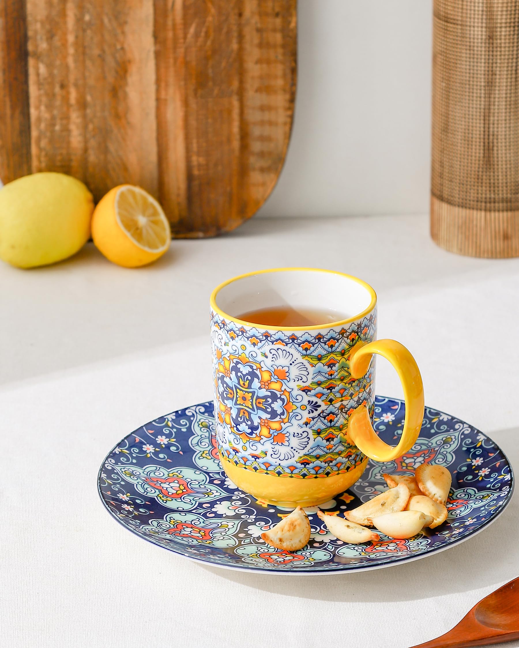 HENXFEN LEAD Porcelain Coffee Mugs, 410ml Coffee Mug Set with Handle, Porcelain Cups for Tea Coffee Milk Cappuccino, Colourful, 6 Pack - Bohemian