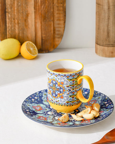 HENXFEN LEAD Porcelain Coffee Mugs, 410ml Coffee Mug Set with Handle, Porcelain Cups for Tea Coffee Milk Cappuccino, Colourful, 6 Pack - Bohemian