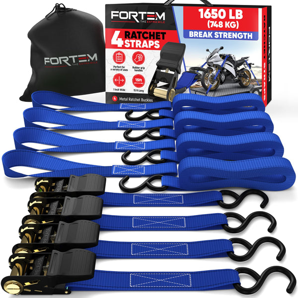 FORTEM Ratchet Straps, 748kg Break Strength, 4 Pack 4.6m x 2.54cm Tie Down Strap Set, 4 Soft Loops, Motorcycle Straps Tie Downs, Cargo Cam Buckles, Rubber Handles, Carry Bag