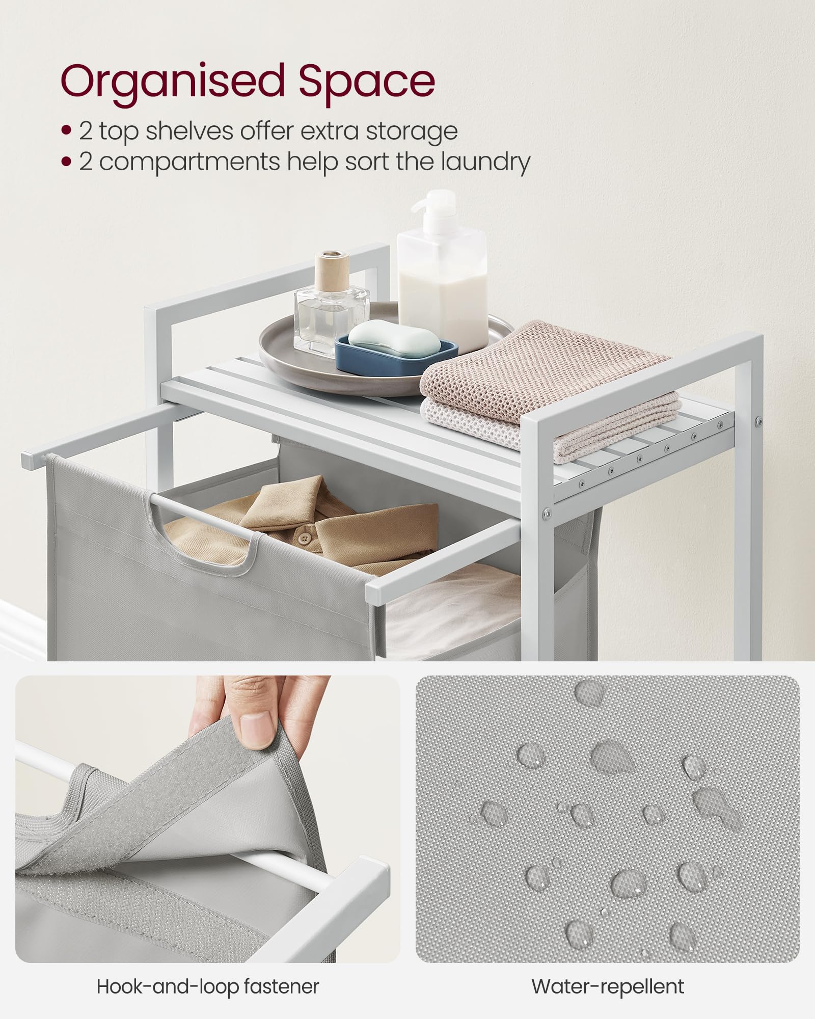 VASAGLE Laundry Basket, Laundry Hamper, Pull-Out and Removable Liner Bag, Shelf, Metal Frame, 65 L, 50 x 33 x 72 cm, Ink Black and Rustic Brown BLH101B01