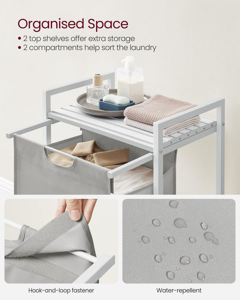 VASAGLE Laundry Basket, Laundry Hamper, Pull-Out and Removable Liner Bag, Shelf, Metal Frame, 65 L, 50 x 33 x 72 cm, Ink Black and Rustic Brown BLH101B01