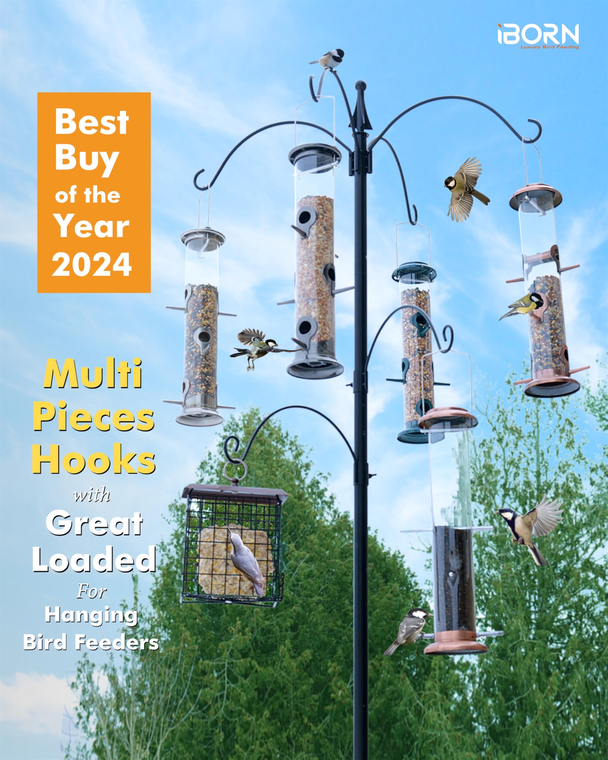 iBorn Bird Feeders Hanging Station 87Inch Wild Bird Feeding Stand Heavy Duty For Feeders Hanging, 1 Inch Thickness Pole With 6-Hooks, 5-Prong Pole