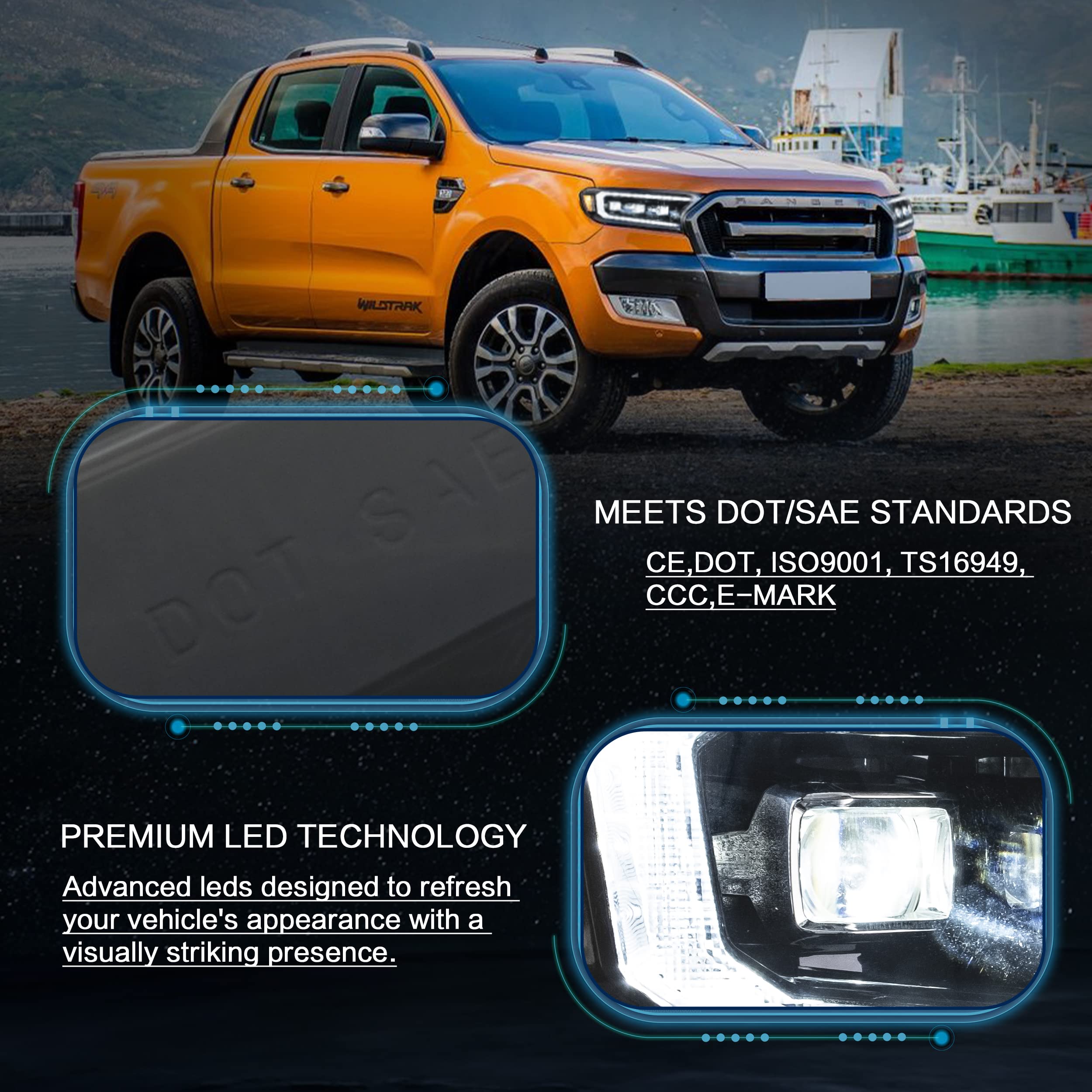 VLAND Headlight Suitable for Ranger T6 T7 T8 T8 XL XLT Wildtrak Raptor 2015-2020 with Sequential Daytime Running Light (LED Matrix, Yellow Reflector) LHD