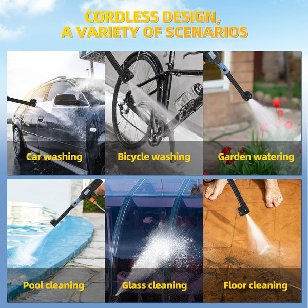 Cordless Pressure Washer, Portable Power Washer for Patio and Car, 6 in 1 Cordless Power Washer with 5M Hose, Battery Jet Washer with 2 Battery, Cordless Jet Washers/Pressure Washers (Black-A)