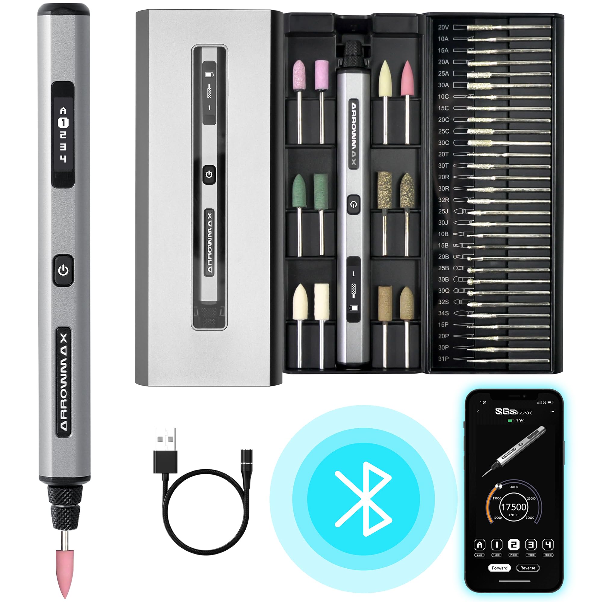 ARROWMAX Smart Mini Electric Engraving Pen, HollowCup Motor, 42 Bits with Aluminum Case, OLED, Magnetic Charge, Mini Rotary Tool, Cordless Engraving Pen for Metal, Wood, Glass and Plastic (SGS MAX)