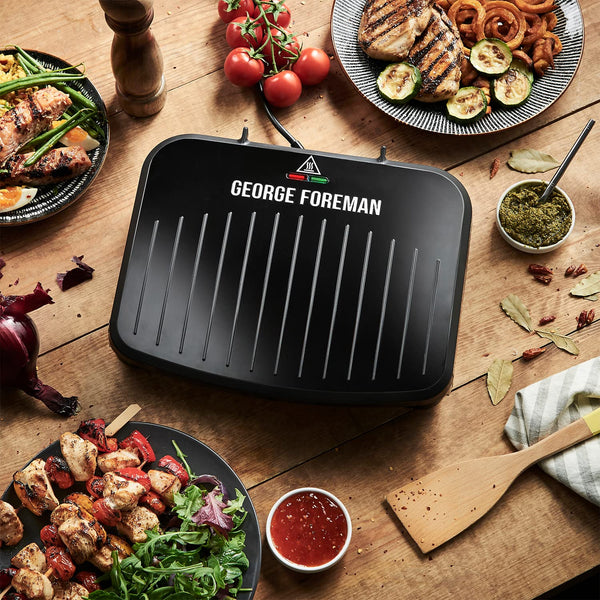 George Foreman Large Electric Fit Grill [Non stick, Healthy, Griddle, Toastie, Hot plate, Panini, BBQ, Energy saving, Vertical storage, Easy clean, Drip tray, Ready to cook light] Black, 2400W 25820