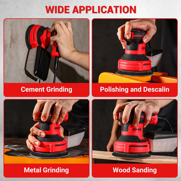 DEKOPRO Random Orbit Sander 300W with 16Pcs Sandpapers, 6 Variable Speed 14000RPM, 125MM Hand Electric Tool, High Performance Dust Collection System, Fit for Woodworking/Sanding