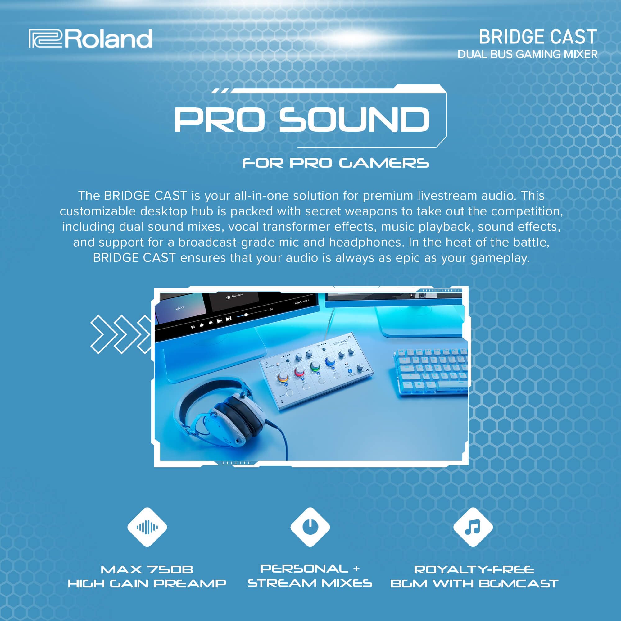 Roland BRIDGE CAST ONE Dual Bus Streaming Mixer Compact Audio Streaming Mixer For Online Gamers & Content Creators 32-Bit Hardware DSP USB-C Windows and Mac Connectivity XLR Mic Support