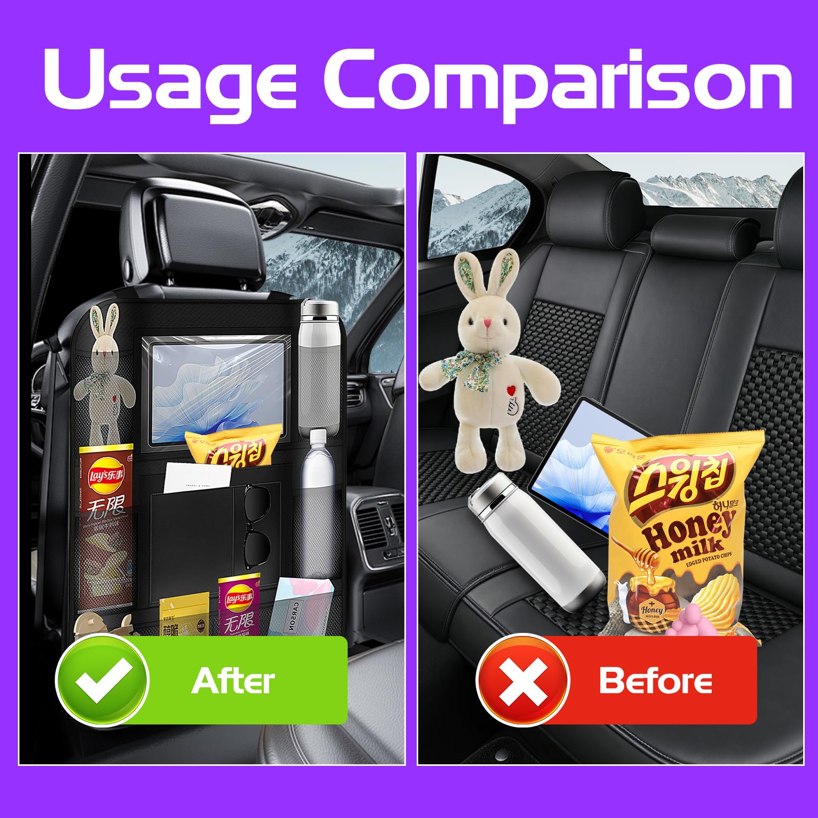 Resszo Car Organiser,Car Seat Organiser for Kids with Tablet Holder, Multifunctional WaterProof Back Seat Protector with 10.5 iPad Foldable Tray Table, 6 Pockets Toy Storage