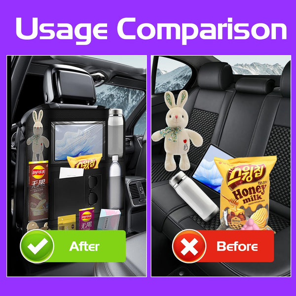 Resszo Car Organiser,Car Seat Organiser for Kids with Tablet Holder, Multifunctional WaterProof Back Seat Protector with 10.5 iPad Foldable Tray Table, 6 Pockets Toy Storage