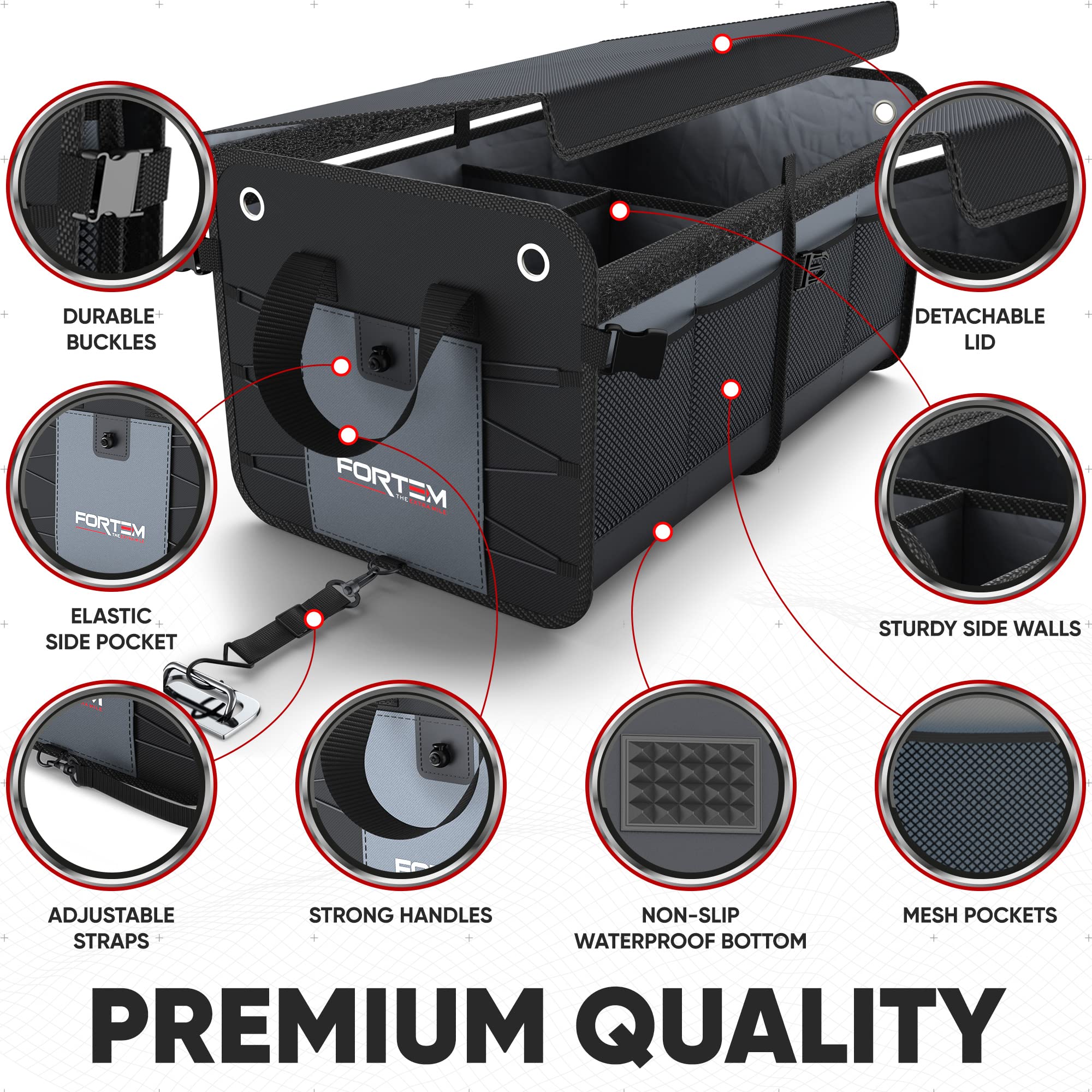 FORTEM Car Boot Organiser, SUV Boot Tidy, Trunk Storage, Collapsible Multi Compartment Car Organiser, Non Slip Bottom, Adjustable Securing Straps, Foldable Cover (65L)