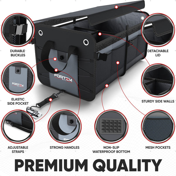 FORTEM Car Boot Organiser, SUV Boot Tidy, Trunk Storage, Collapsible Multi Compartment Car Organiser, Non Slip Bottom, Adjustable Securing Straps, Foldable Cover (65L)