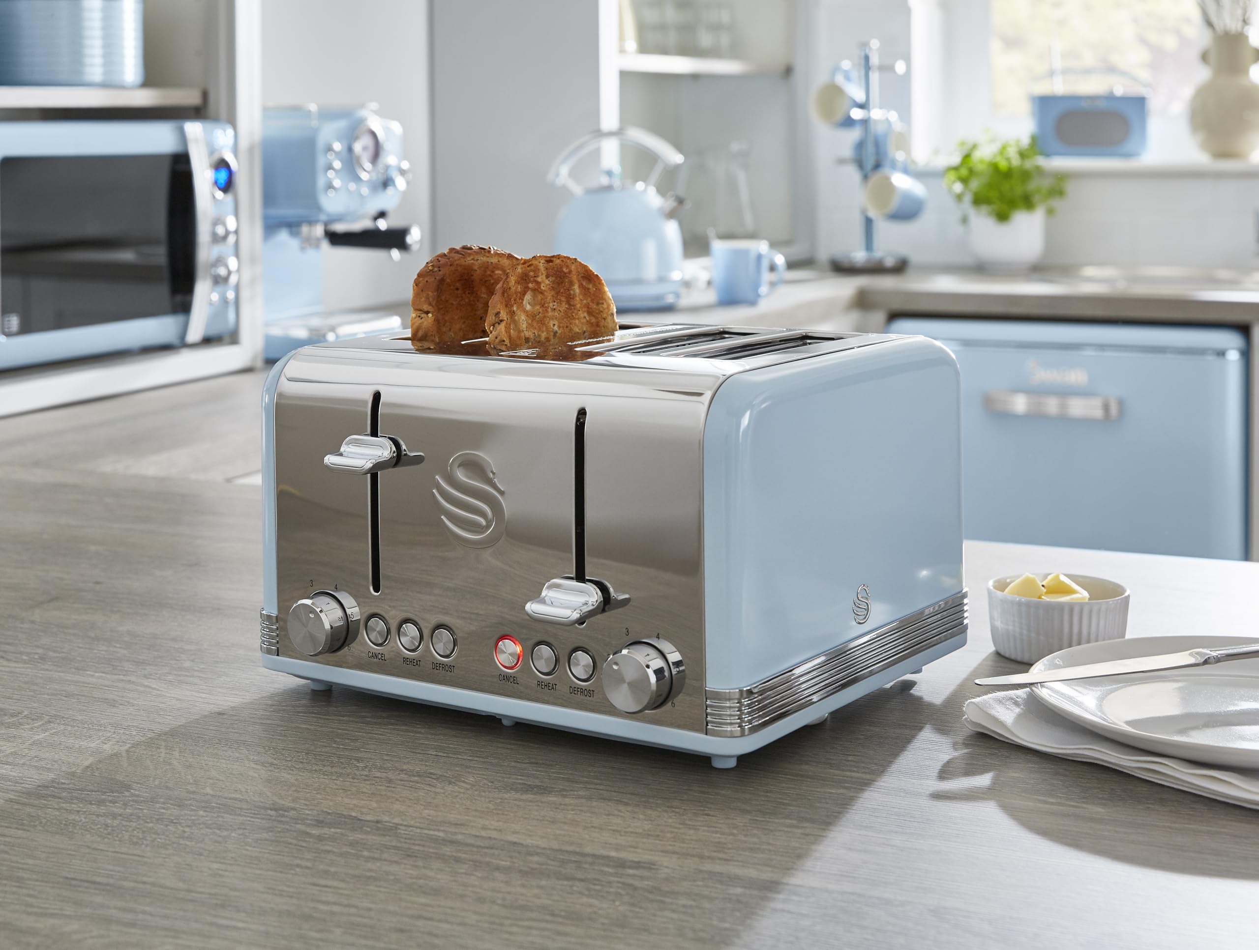 Swan ST19020GRN Retro 4-Slice Toaster with Defost/Reheat/Cancel Functions, Cord Storage, 1600W, Retro Grey