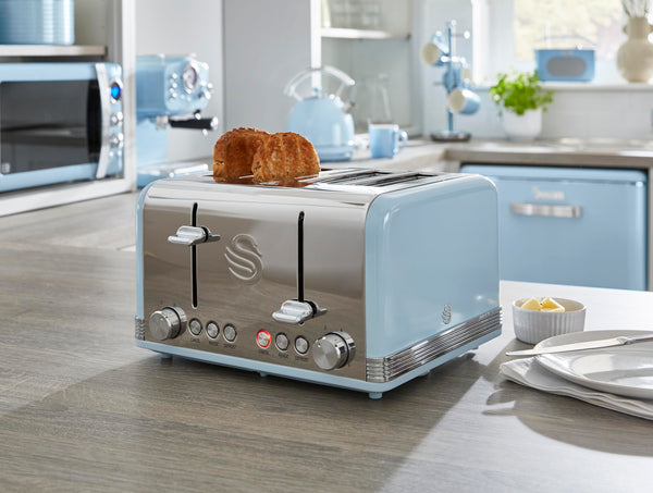 Swan ST19020GRN Retro 4-Slice Toaster with Defost/Reheat/Cancel Functions, Cord Storage, 1600W, Retro Grey