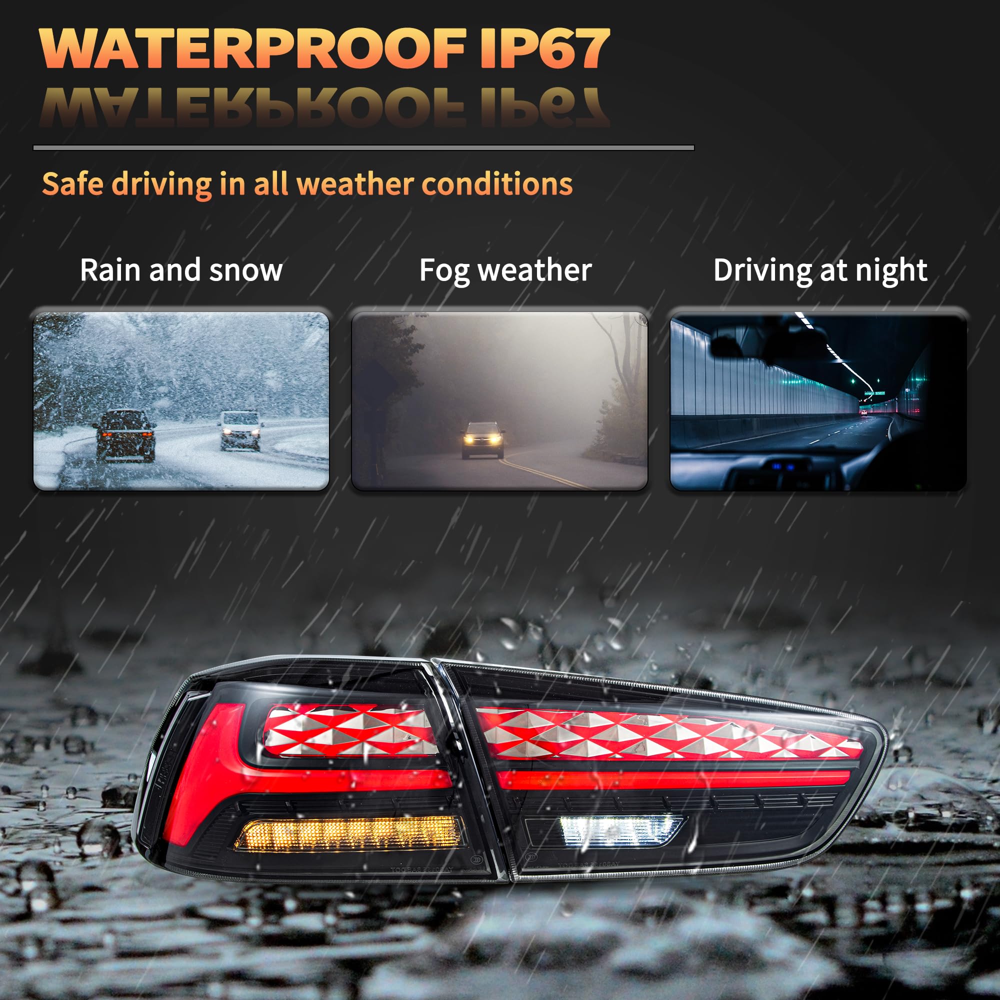 LED Rear Lights compatible with Lancer & EVO X 2008-2020 (Not Fit fortis/io), w/Amber Sequential indicator, Driver & Passenger Side - Red