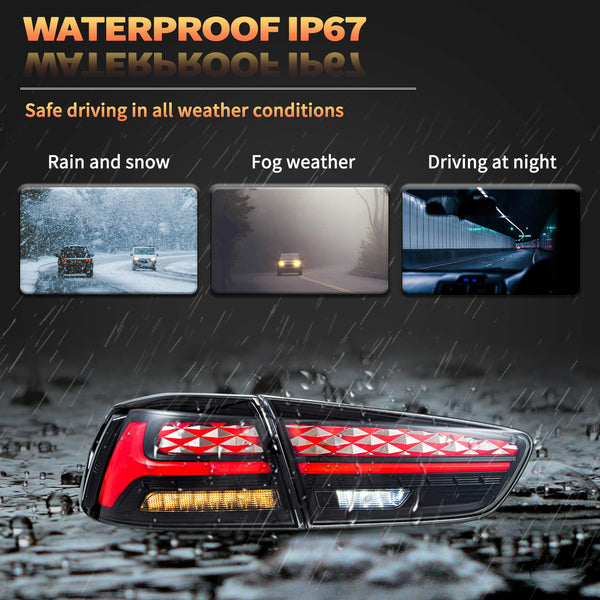 LED Rear Lights compatible with Lancer & EVO X 2008-2020 (Not Fit fortis/io), w/Amber Sequential indicator, Driver & Passenger Side - Red