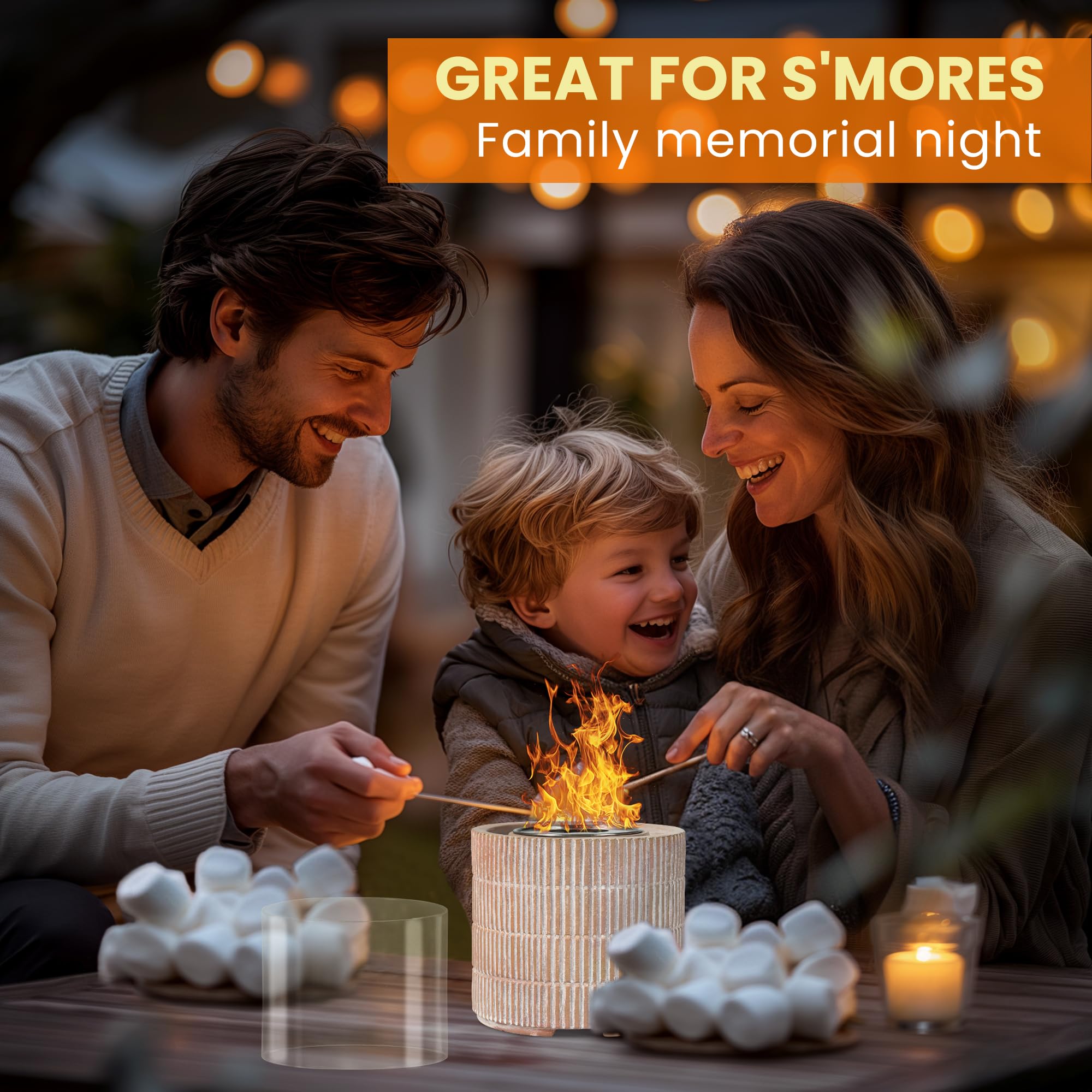 VOSSMOON Tabletop Fire Pit, Bioethanol Table Top Fire Bowl, Portable Round Fireplace indoor or Outdoor, Concrete Table Top Patio Heater Ethanol Burner with Tempered Glass for Potluck or Camping, Black