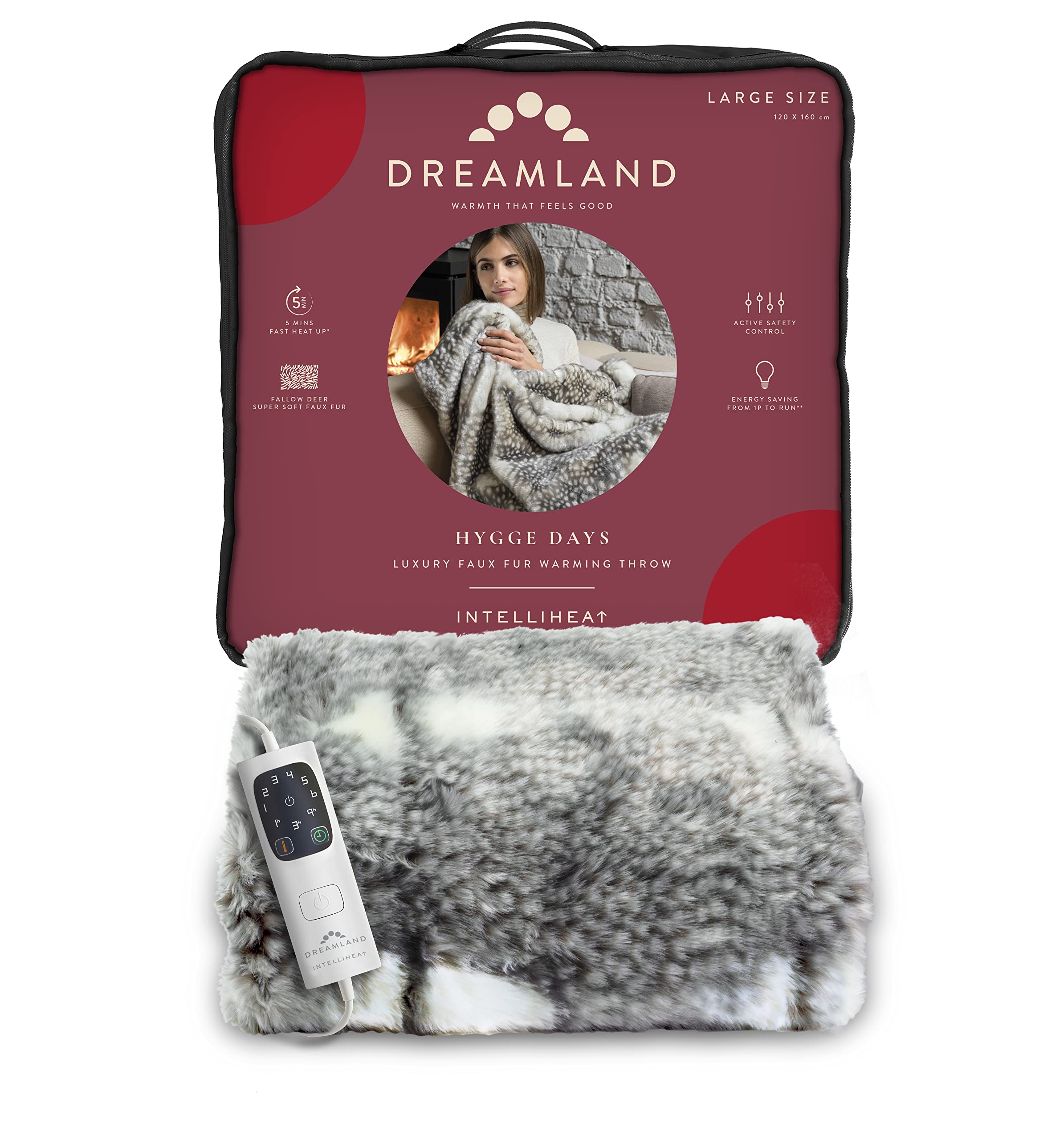 Dreamland Hygge Days Electric Blanket – Heated throw - Zebra, Luxury Faux Fur, 5-minute Fast heat up, 6 temperature settings, 1/3/9-hour auto timer, Electric throw, Machine Washable, 160x120cm