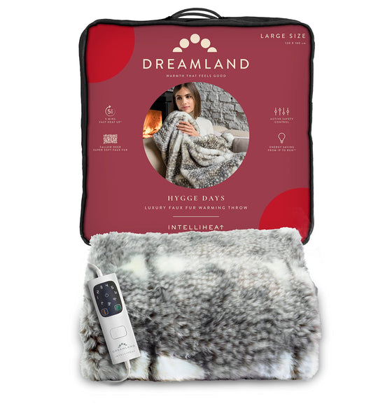 Dreamland Hygge Days Electric Blanket – Heated throw - Zebra, Luxury Faux Fur, 5-minute Fast heat up, 6 temperature settings, 1/3/9-hour auto timer, Electric throw, Machine Washable, 160x120cm