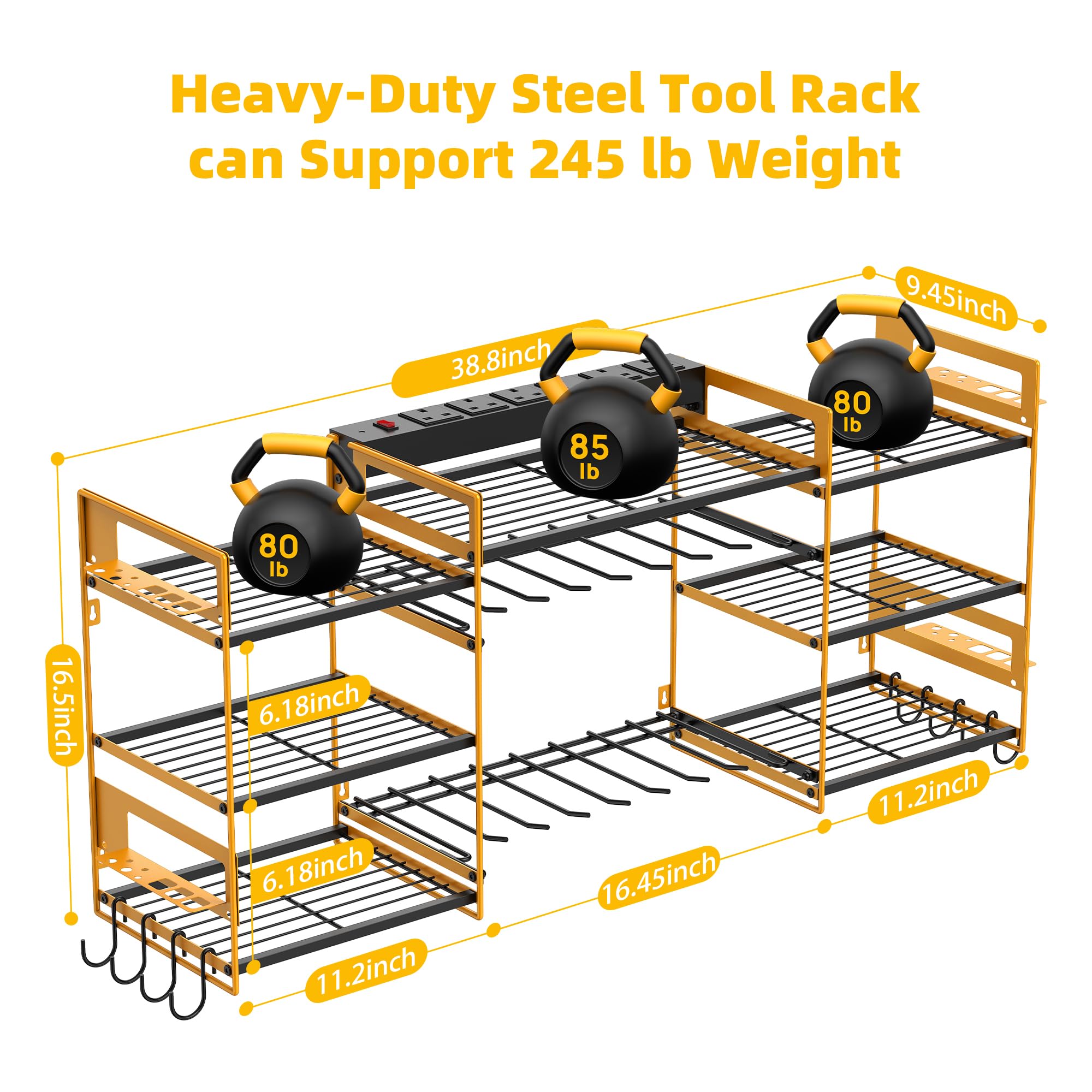 Power Tool Organizer with 6 Way Extension Lead,Large Tools Charging Station,8 Power Drill Tools Heavy Duty Drill Holder Wall Mounted Rack Utility Metal Tool Shelf Storage Organiser for Garage