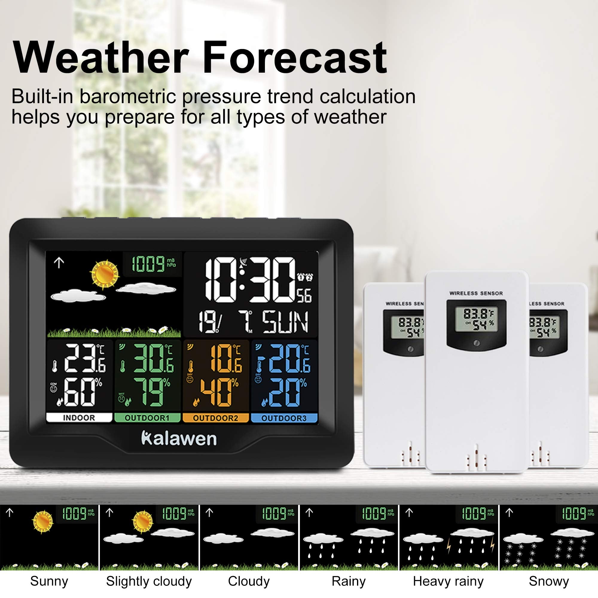 Kalawen Weather Station with 3 Outdoor Sensors, MSF Wireless Digital Alarm Clock, Barometer, Temperature, Humidity Monitor, Weather Forecast for Home