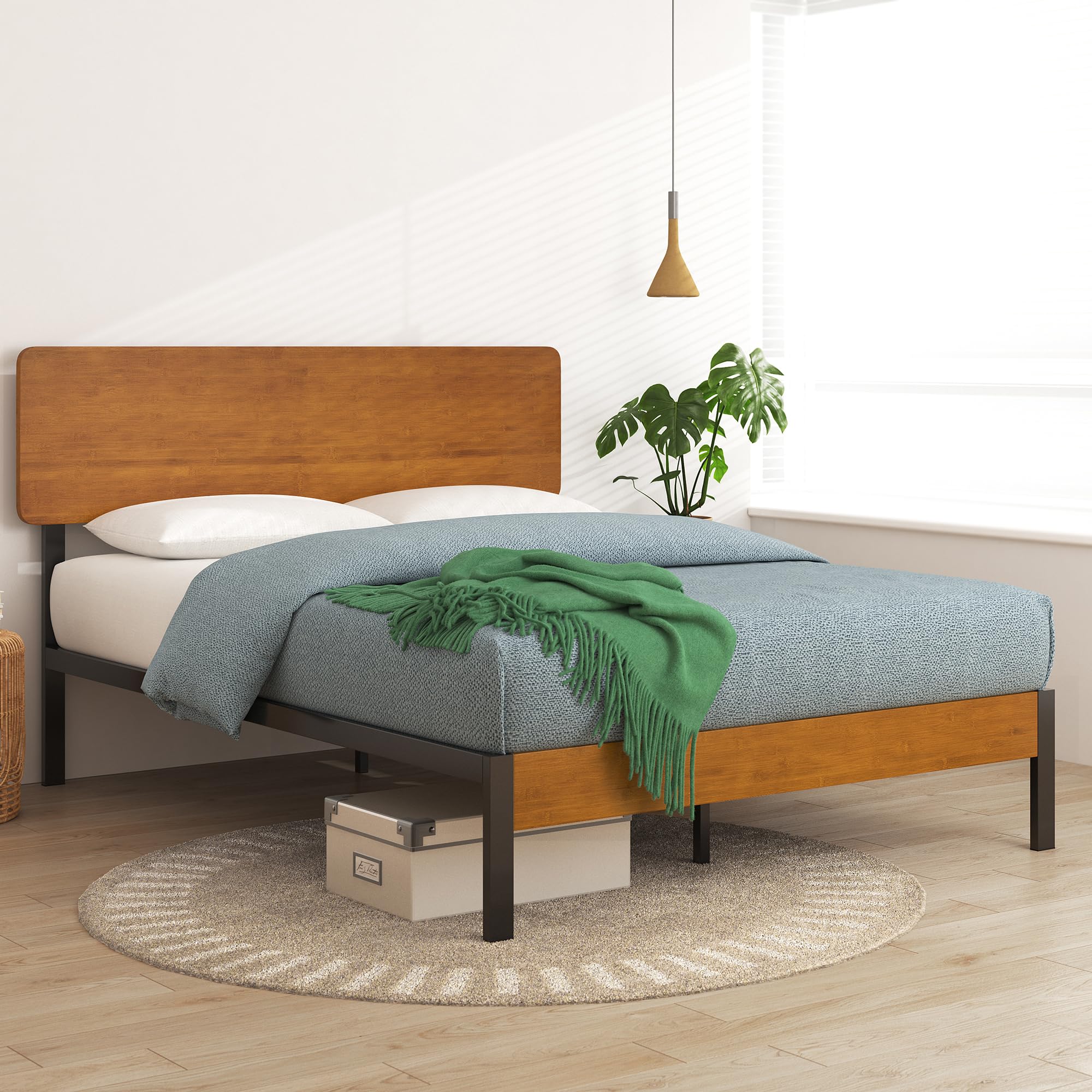 Zinus Olivia Single Bed frame - Bed 90x190 cm - 36 cm Height - Metal and Wood Platform Bed frame - Natural Brown and Black