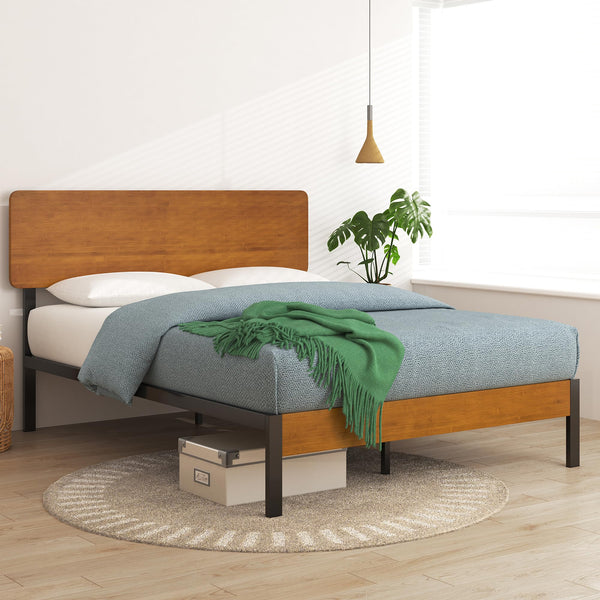 Zinus Olivia Single Bed frame - Bed 90x190 cm - 36 cm Height - Metal and Wood Platform Bed frame - Natural Brown and Black