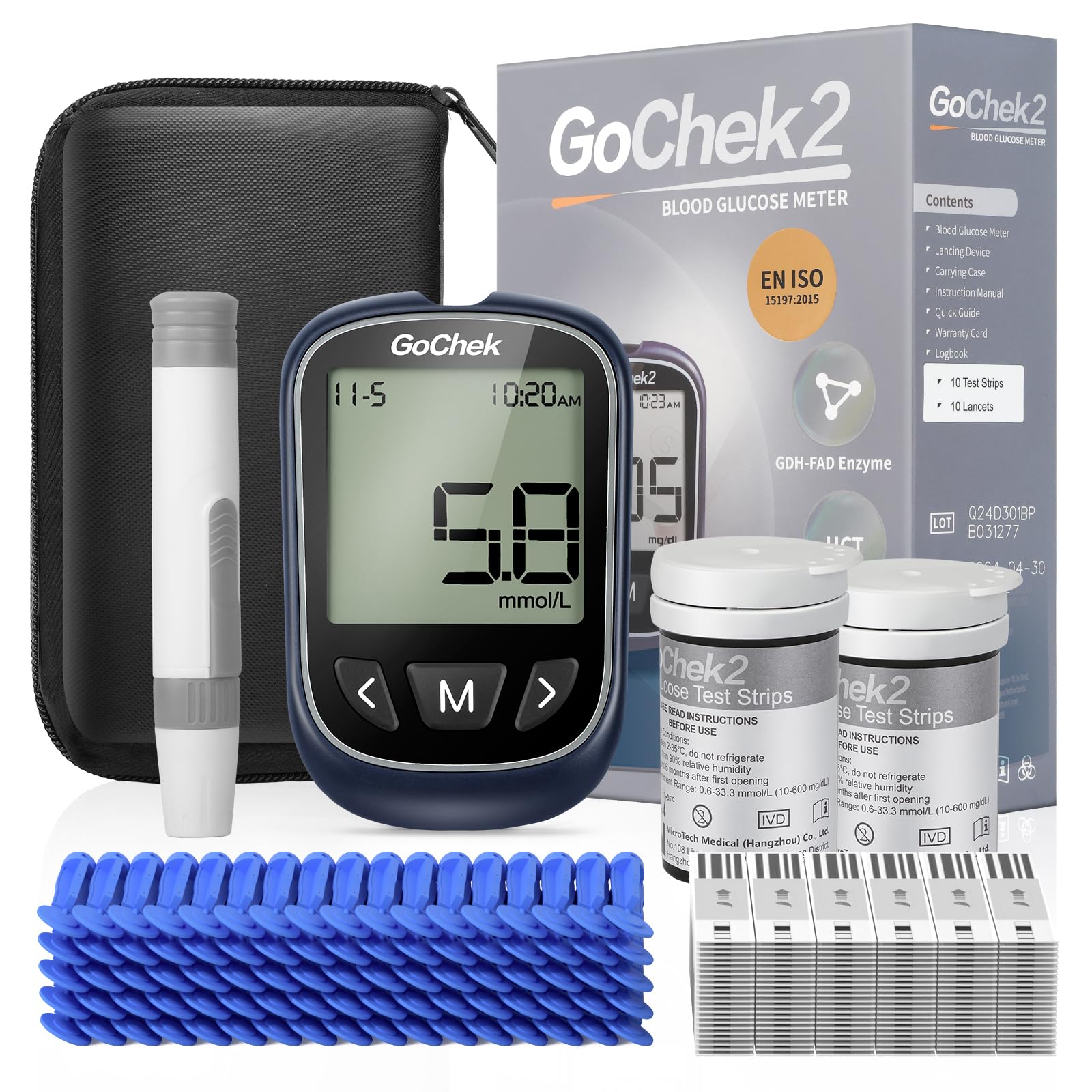 GoChek Diabetes Test Kit, Blood Sugar Tester with Ketone and Hypo Warning, 450 Memory, Blood Glucose Monitor with Test Strips*50 and Lancet*50 -in mmol/L