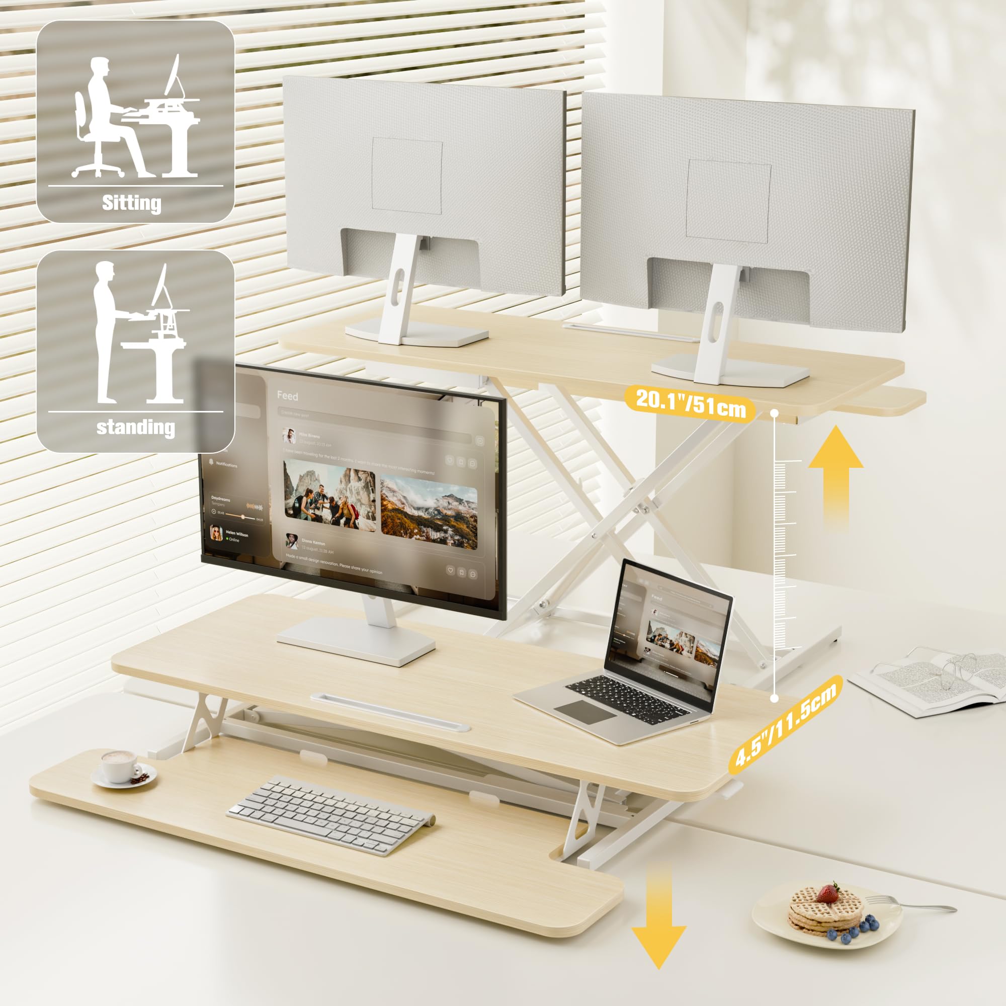ERGOMAKER Height Adjustable Standing Desk Converter - 101cm (40 Inch) Wide Platform Tabletop Workstation - Quick Sit to Stand Desk Riser for Dual Monitors White