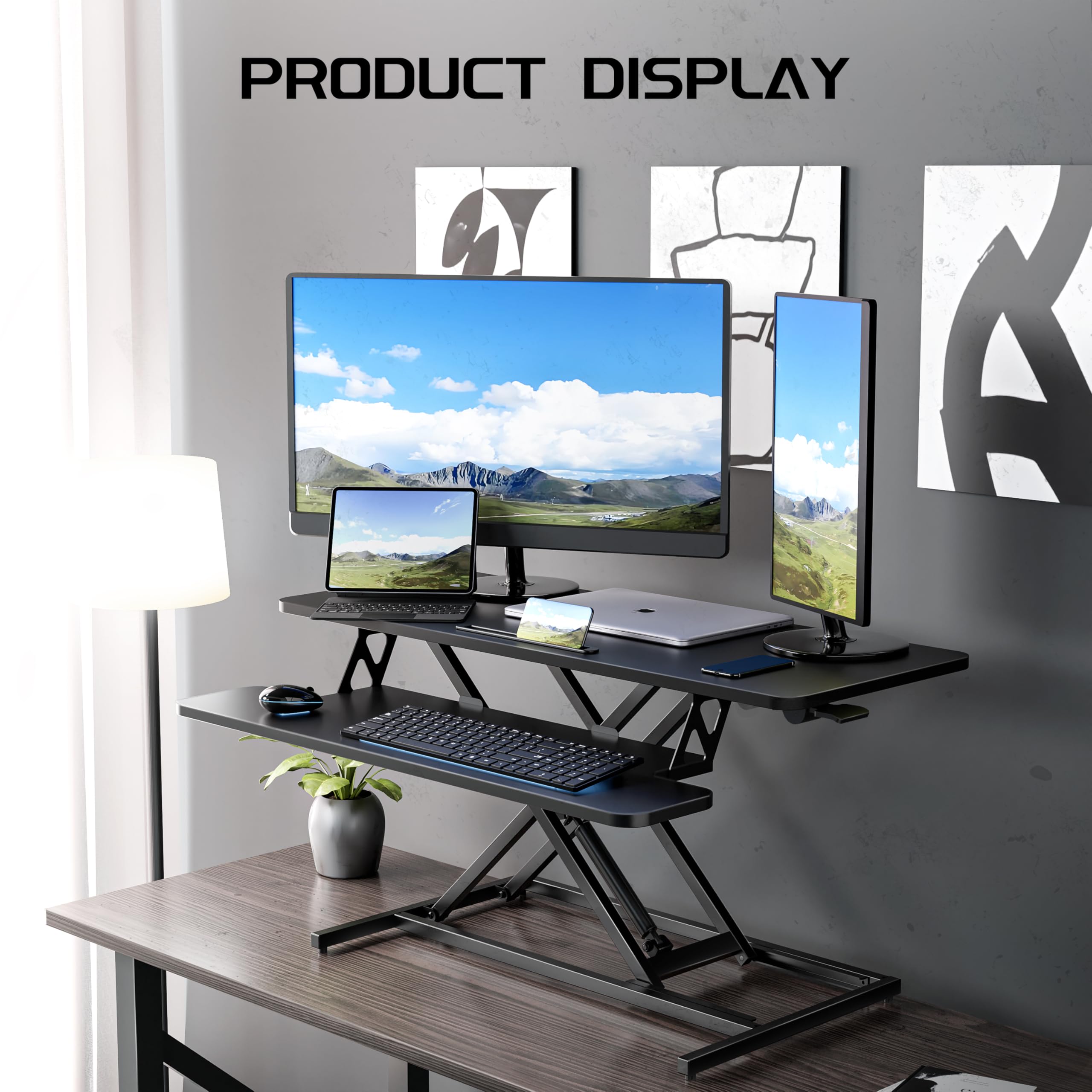 ERGOMAKER Standing Desk Converter, 36"/91cm Wide Height Adjustable Quick Sit to Stand Up Desk Riser for Dual Monitor