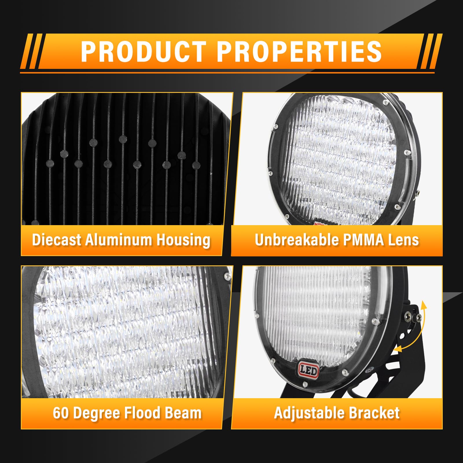 RIGIDON 2 Pcs Black Case Round Led Work Light, 9 inch 294W Spot Beam, 12V 24V Driving Lights Lamp Headlight for Car Off road Boat Truck 4x4 SUV ATV Tractors Excavator, 6000K White, Fog Lamp