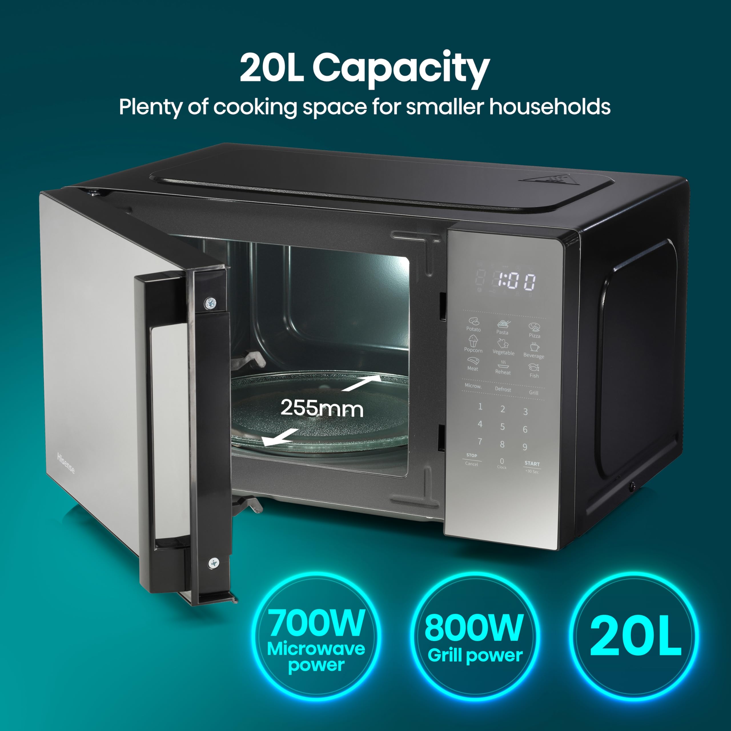 Hisense H23MOBSD1HUK 23 Litre 800W electronic Microwave with Auto Defrost, Digital Display, Smart Cook, Multi level cooking and Easy Clean- Black