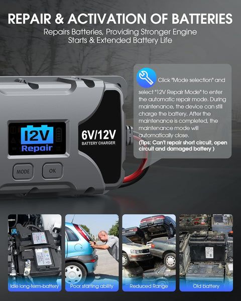 Powerextra 5A Car Battery Charger & Maintainer, 6V/12V Portable Smart Trickle Charger with LED Display & Repair Mode for Lead-Acid AGM Lithium Caravan Batteries