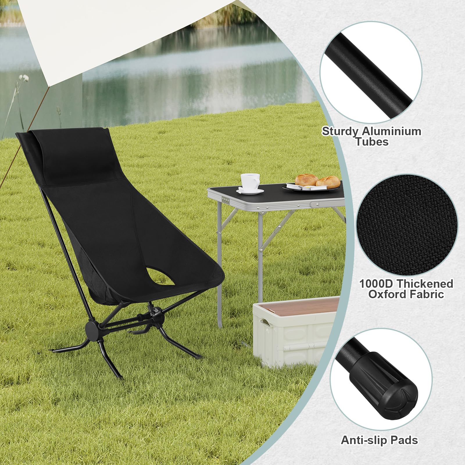 WOLTU Folding Camping Chair, Ultra Lightweight Alu Outdoor Chair, High Back, Portable Chair with Carrying Bag for Fishing, Picnic, Hiking, Heavy Duty 150kg Capacity, Black