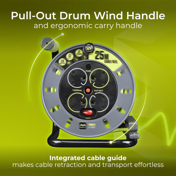 Masterplug Pro-XT Four Socket Open Cable Reel Extension Lead with Winding Handle, Thermal Cut Out and Power Switch, 25 Metres High Visibility Cable , Green
