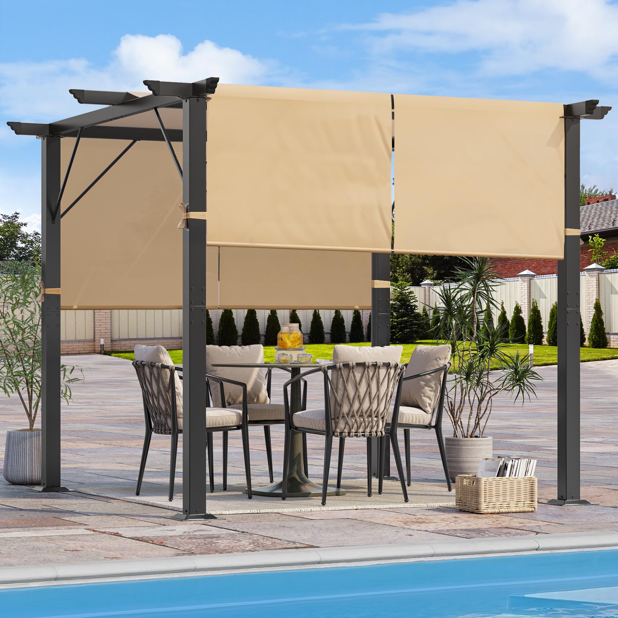 Metal Pergola with Retractable Roof, Outdoor Pergola Includes Water-Resistant and SPF 15 PU Coated Canopy, Sun Shade for Barbecue Events, Garden Parties, and Lawn in Dark grey 3x3Meter