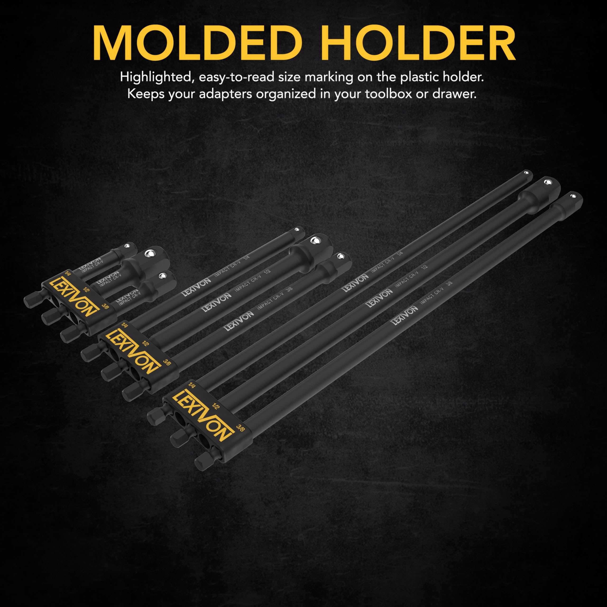 LEXIVON Impact Grade Socket Adapter Set, 3" Extension Bit with Holder | 3-Piece 1/4", 3/8", and 1/2" Drive, Adapt Your Power Drill to High Torque Impact Wrench (LX-101)