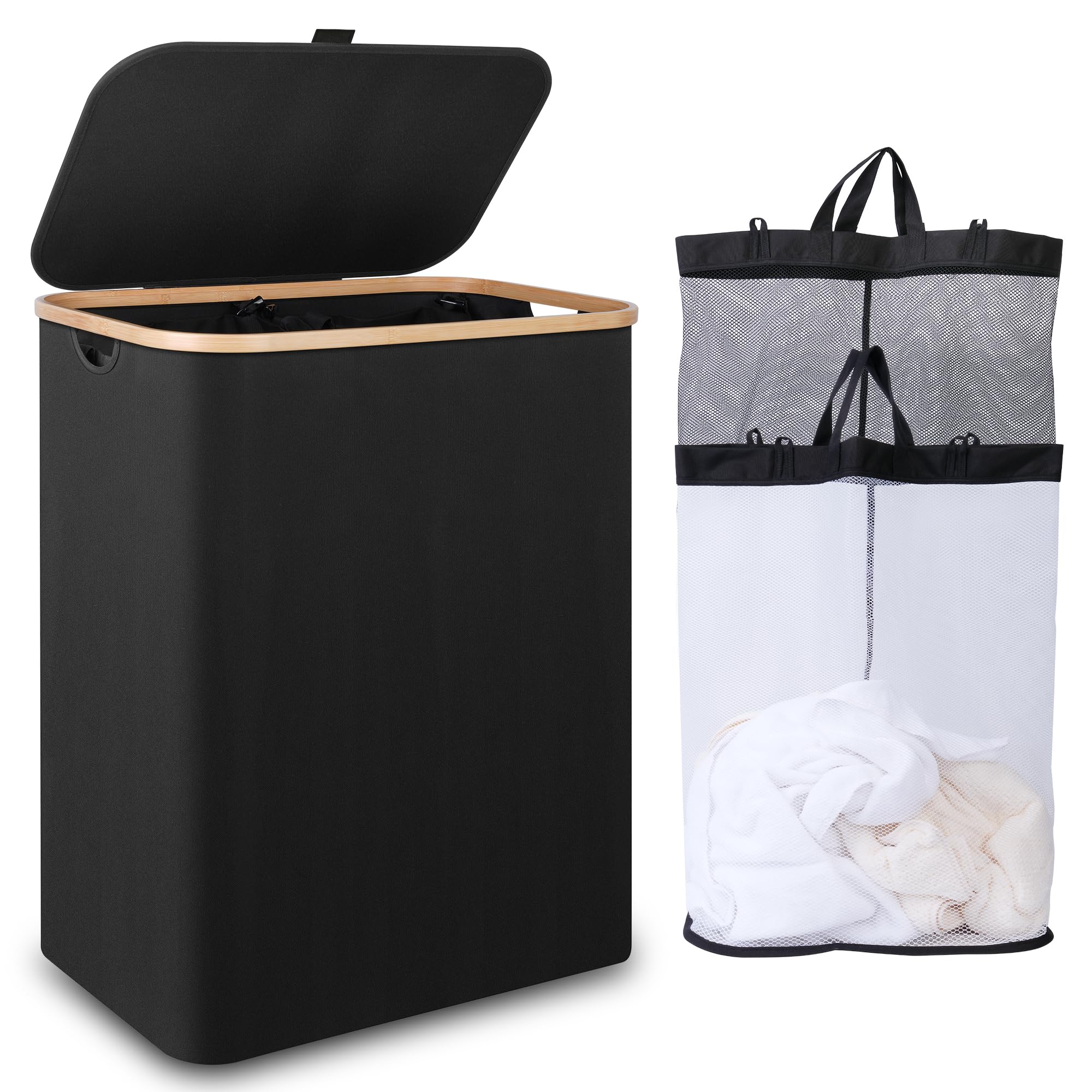 iEGrow Large Laundry Basket with Lid 150L, Double Laundry Baskets with Removable and Washable Inner Bags, 2 Compartments Foldable Washing Basket for