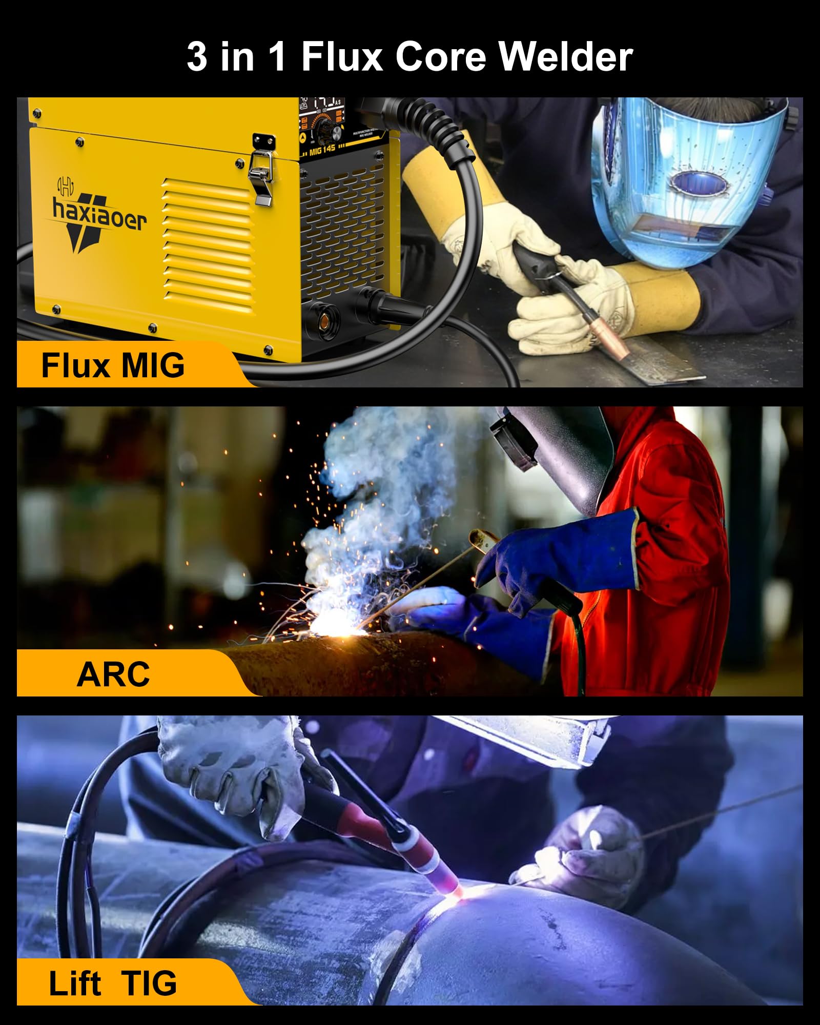 haxiaoer 145A Gasless MIG Welders, 3 in 1 Portable Flux MIG/ARC/Lift TIG MIG Welding Machine with Smart Digital LED Dispaly, Semi-Automatically Synergy Inverter MIG Welder, Best for Beginner